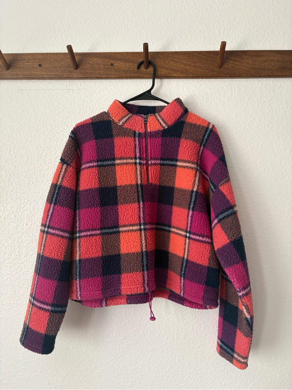 Plaid Fleece Quarter-Zip Cropped Pullover - Size Medium